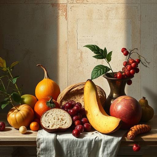 Affresco romano che raffigura una natura morta con frutta e pane