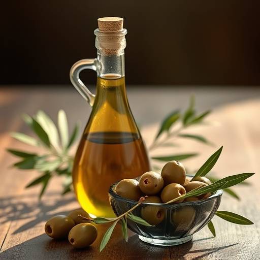 Bottiglia e ciotola di olio extravergine d'oliva con olive fresche