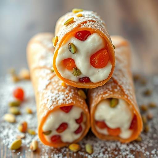 Cannoli siciliani ripieni di ricotta dolce e guarniti con canditi e pistacchi
