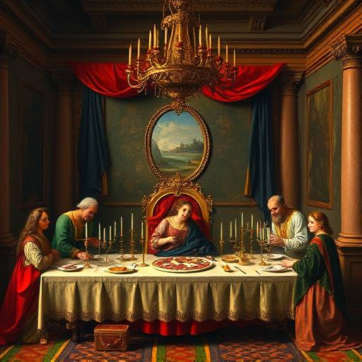 Dipinto rinascimentale che mostra una tavola imbandita durante un banchetto
