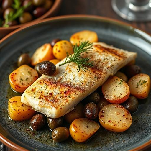 Filetto di branzino al forno, con patate e olive taggiasche