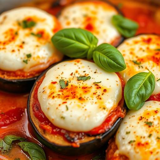 Melanzane alla parmigiana appena sfornate, con mozzarella filante e basilico fresco