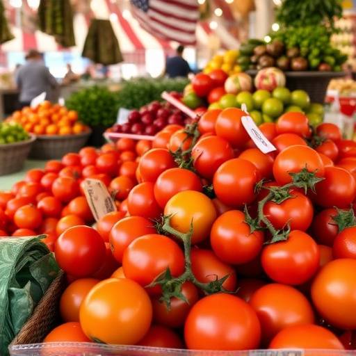 Mercato italiano con esposizione di pomodori freschi