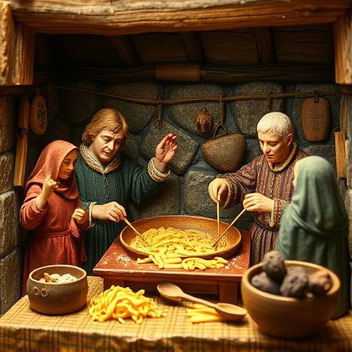 Miniatura medievale che illustra la preparazione della pasta