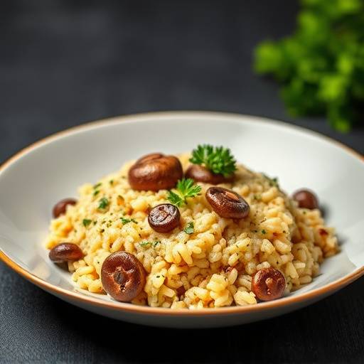 Piatto di risotto ai funghi porcini, guarnito con prezzemolo fresco