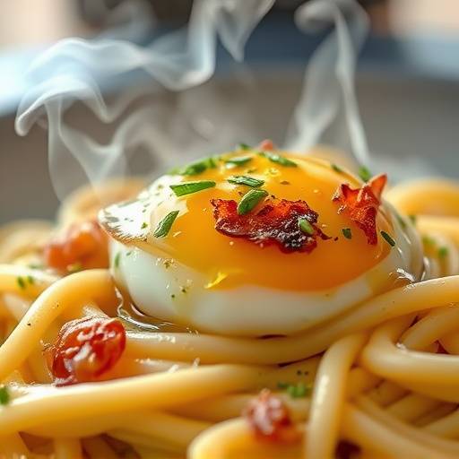 Piatto fumante di spaghetti alla carbonara, con guanciale croccante e uovo cremoso
