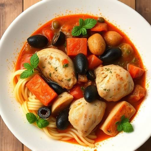 Pollo alla cacciatora in umido con pomodoro, olive e capperi