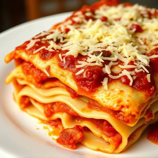 Un'abbondante porzione di lasagne al forno, con strati di pasta, rag&ugrave;, besciamella e parmigiano