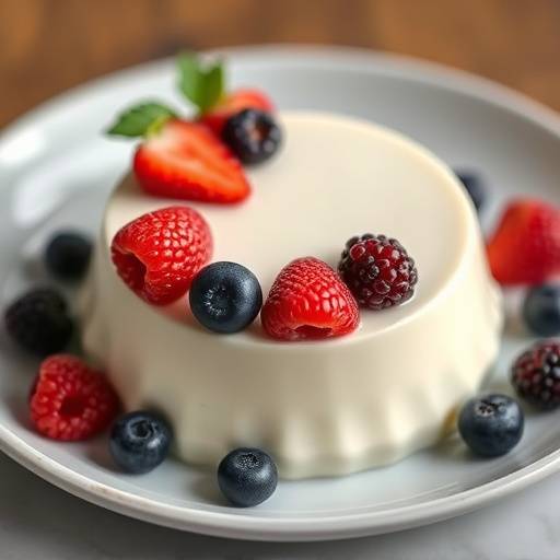 Un piatto di panna cotta guarnita con frutti di bosco freschi