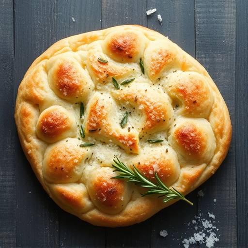 Una focaccia genovese con sale grosso e rosmarino fresco